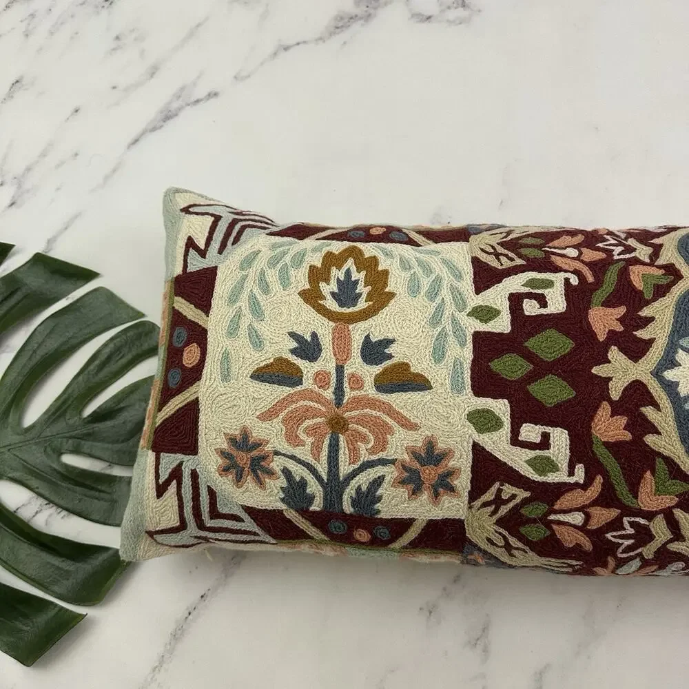 Anthropologie Embroidered Lumbar Decorative Pillow Pink Blue Boho Floral Long